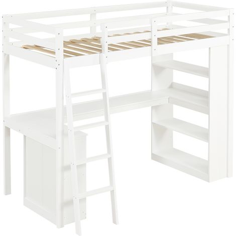 Hochbett Kinder Einzelbett mit Regal, Eckablage und Schrägleiter, 90 x 200 cm, Ohne Matratze, Weiß (1/4)