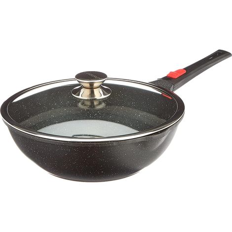 Kamberg 0008056 Wok 28 cm, manico rimovibile, ghisa di alluminio, rivestimento in pietra, coperchio in vetro, adatta a fuoco e induzione, senza PFOA (1/4)