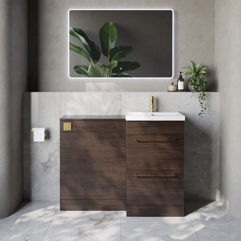 Napoli 390 Cento Brown Oak 1100mm 2 Drawer Vanity Unit Toilet Suite with Glide Basin - 1100mm - Brushed Brass 320mm HandleWithout Kingston Toilet Pan