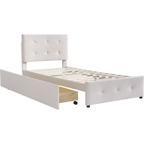 Polsterbett 90 x 200 cm Beige mit Lattenrost, Kopfteil und 2 Schubladen (1/5)