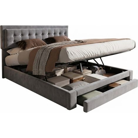 Lit Coffre Lit Double, Tête de Lit Réglable, Tiroirs et Rangement 180×200 cm, sans Matelas, en Velours, Gris (1/5)