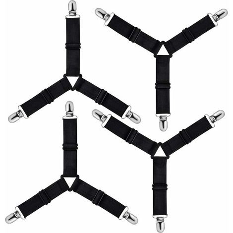 Triangle Tendeur Drap Housse Réglable, Fixation Sangle de Maintien pour Literie, Drap Lit, Housse Repassage, Matelas, Canapé (Noir, Lot de 4)