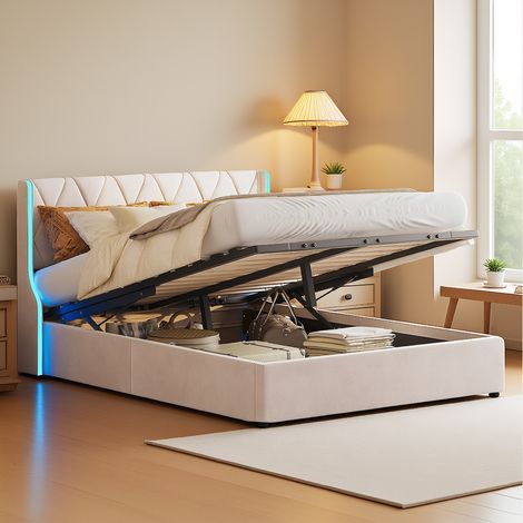 Polsterbett 140x190 cm mit LED-Beleuchtung, Doppelbett mit hydraulischem Stauraum, Modernes Jugendbett, Bettgestell mit Kopfteil und Lattenrost, Velour Beige, Ohne Matratze