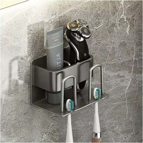 Porta spazzolini da parete, non richiede foratura, adatto per spazzolini elettrici, adesivo, con 2 portabicchieri e 2 fessure per le testine. (1/4)