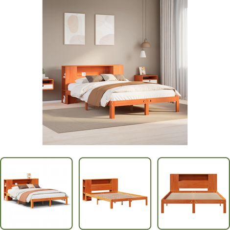 vidaXL Bett mit Regal - Massivholzbett mit Regal ohne Matratze Wachsbraun 135x190 cm (1/5)