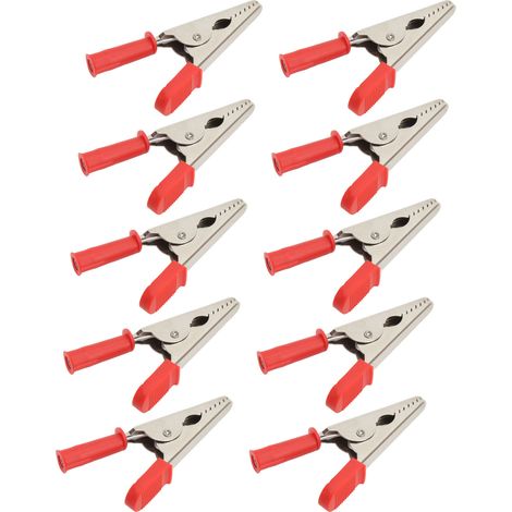 Packung mit 10 Krokodilklemmen J.60047, 20 mm Öffnung, aus Messing, für elektrische Prüfungen von Batterien (rot). (1/5)