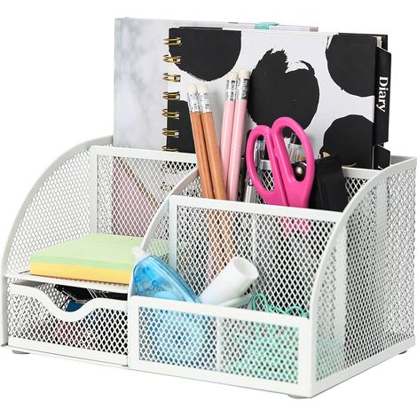 Boîte de rangement de bureau en métal à sept compartiments, avec porte-stylo et grille métallique, couleur argentée. (1/5)