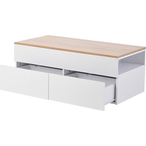 Höhenverstellbarer Couchtisch 100x50x40 cm mit 2 Schubladen und Stauraum, weiß in Holzoptik (1/5)