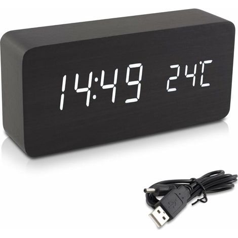 royaluxe - Réveil Bois LED - Horloge Digitale Aspect Bois - Réveil Matin Tactile avec Fonction Date Heure Température - Rectangle 1574.5 CM Noir (1/5)