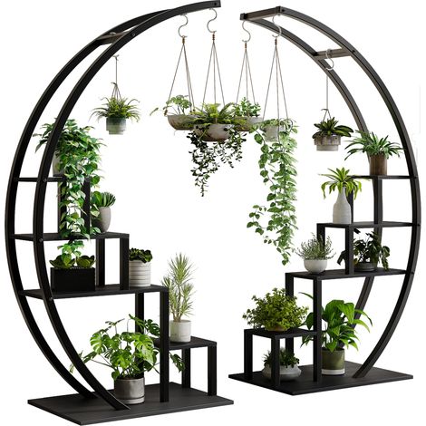 Support Pour Plantes En Métal à 5 Niveaux, Étagère à Fleurs Avec 4 Crochet, Porte Plantes En Forme d'Échelle Et De Demi-Lune, Pour Salon, Balcon, 120 x 40 x 142 cm (Noir) (1/5)
