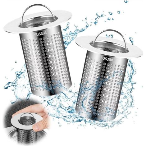 Filtro per doccia, 2 pezzi, con maniglia, 33 x 50 mm, acciaio inox, filtro per capelli per bagni e balconi (argento)