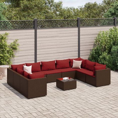 10-tlg. Garten-Lounge-Set mit Kissen Braun Poly Rattan (1/5)