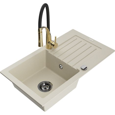 Mexen Pablo 1 Becken-Granitspüle mit Abtropffläche und Mischbatterie Aster, Beige - 6510-69-73450-57-B (1/5)
