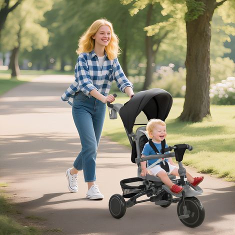 Triciclo Evolutivo 6 en 1 Plegable Asiento Giratorio de 360° Mango Parental Respaldo Reclinable Toldo Negro (1/5)