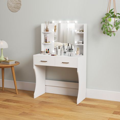 Coiffeuse avec miroir et lampes LED à intensité variable, tiroirs, étagères, blanche (1/5)