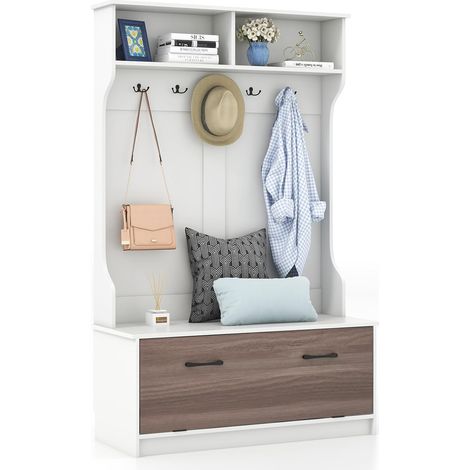 COSTWAY Armadio con Appendiabiti Multifunzionale, con Panca 5 Ganci Doppi, Organizzatore di Casa Indipendente per Ingresso Camera da Letto, 100x39x160 cm (Bianco) (1/5)