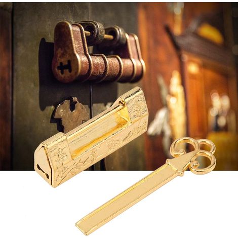 Cadenas doré style chinois traditionnel avec pie et fleurs, petite serrure à clé pour meubles anciens, décoration vintage, porte-clés or (1/5)