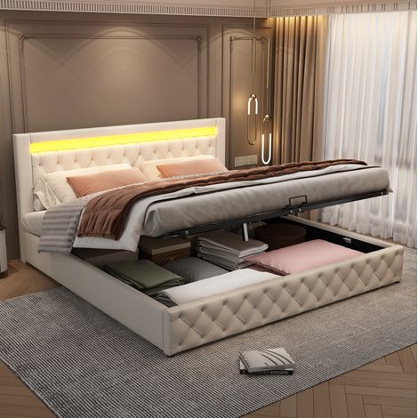 Lit coffre en PU blanc 180x200 cm avec sommier à lattes et tête de lit LED (1/5)