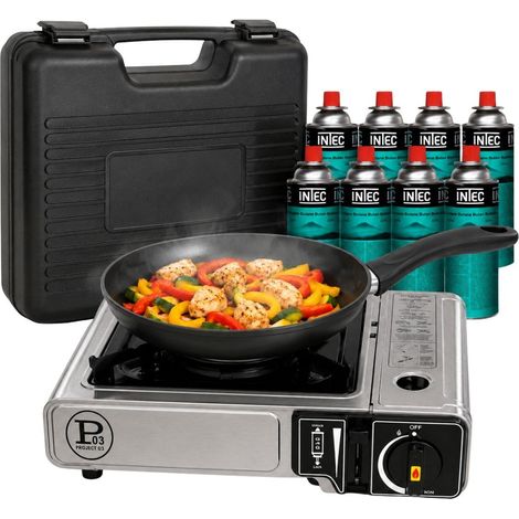 Réchaud à Gaz Portable 1Feu 2200W + 8 Cartouches gaz Butane Idéal Réchaud Camping, Van Cuisine Extérieure INTEC (1/5)