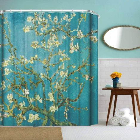 V. Gogh Rideau de Douche pour Salle de Bain avec Crochets, Fleurs d'amandier en Tissu Long, décoration de Bain, 180 x 183 cm, Vert (1/5)