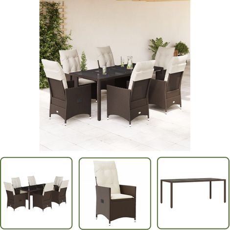 The Living Store 7-tlg. Garten-Essgruppe mit Kissen Braun Poly Rattan - Gartenset - Outdoor Möbel - Esstisch - Gartenstühle - Lounge Set (1/5)