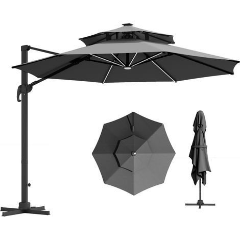 Outsunny 3m Cantilever Parasol w/ Solar Lights Power Bank Base 360° Spin Dark Grey