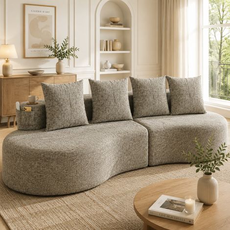 Leinenstoff-Sofa mit 4 Kissen, Hochdichtschaumfüllung + Federstücke, Tassenhalter & Seitentasche – Einzigartiges Design, Bequem & Atmungsaktiv,Ideal fürs Wohnzimmer, Gästezimmer oder Balkon.Khaki (1/5)