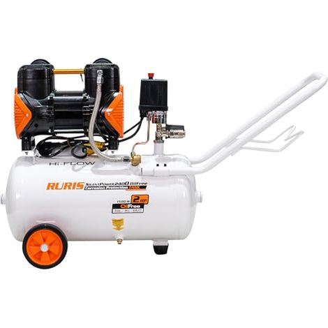 RURIS Silent Power 2400OilFree Compresseur Silencieux Sans Huile 1500W 24 L 236 L/min 8 bar 2 Sorties Manometres Protection Surcharge et Surchauffe 2 Cylindres (1/5)