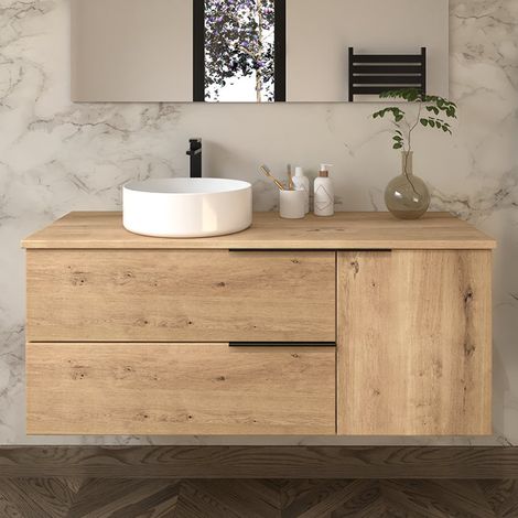 Meuble de salle de bain sans miroir avec vasque à poser ronde - roble (chêne clair) - KING - 120cm (1/4)