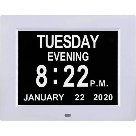 Horloge numérique avec jour et date pour personnes âgées, réveil de chevet grand format, calendrier digital pour seniors, idéal Alzheimer et démence, écran blanc lumineux, gros affichage (1/5)