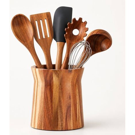 Porte-ustensiles rotatif 360° en bois d'acacia - 18,5 x 15 x 14,5 cm - Rangement de cuisine (1/4)