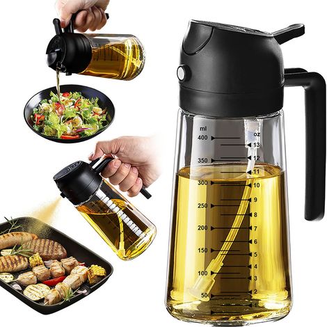 Pulverizador de aceite de oliva de vidrio negro, 470 ml (16 oz), para cocinar – Accesorio 2 en 1 para freidora de aire, dispensador de aceite de oliva para ensaladas y barbacoa – Negro