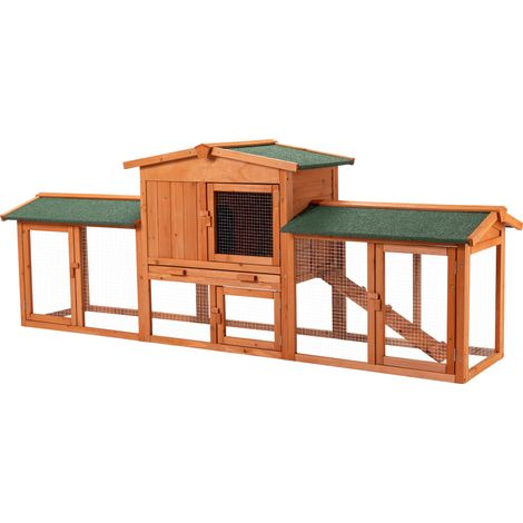 Wiltec Hasenstall 2190 x 530 x 850 mm mit Freilaufgehege und erhöhtem Unterschlupf aus Fichtenholz, Kaninchenkäfig mit 2 Etagen, Kleintierstall