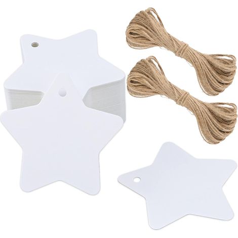 100PCS Étiquettes en Papier Kraft Étiquette Étoile à Cinq Branches 6x6cm Étiquette de Noël Blanc Étiquettes Décoratives Avec 30 Mètres de Ficelle de Jute (1/5)