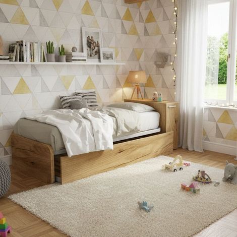 Letto singolo con secondo letto estraibile e testata testiera contenitiva - 80x190 - Quercia