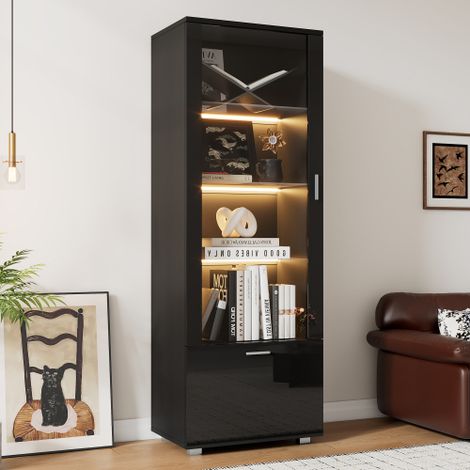Okwish – Vitrine noire brillante avec portes en acrylique – 3 étagères en verre trempé – Éclairage LED télécommandé – Dimensions 40x50x160 cm (1/5)