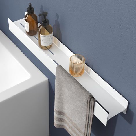 doporro Mensola da Parete in Metallo Bianco Opaco 80 cm, Ripiano Salvaspazio per Bagno e Cucina, Portaoggetti Moderno Senza Foratura Reglo-03 (1/5)