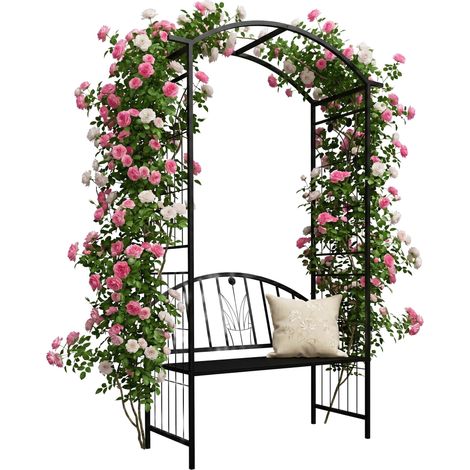 Relaxdays Rosenbogen, Metall, HBT: 210 x 134 x 48 cm, Torbogen mit Bank, stabiler Rankbogen für Kletterpflanzen, schwarz
