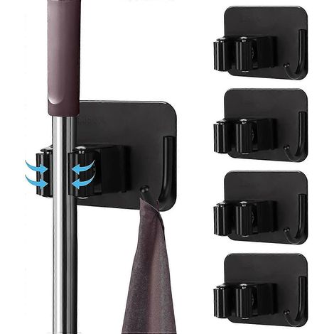 Support à balai, lot de 4 porte-serpillères auto-adhésifs en acier inoxydable, fixation murale, pince à balai avec support. (1/5)