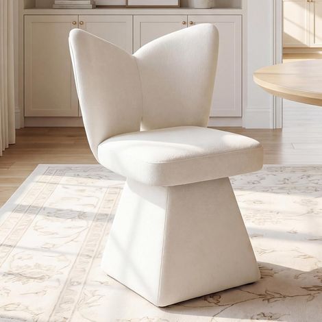 Wahson Swivel Dining Chair, Boucle Chenille Upholstered Vanity Chair Armless with Ergonomic Wingback for Bedroom Living Room Small Space, White