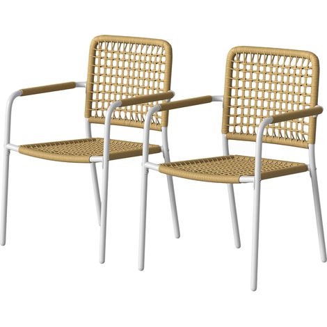 Set aus 2 stapelbaren Gartenstühlen aus geflochtenem Kunstharz-Rattan mit Armlehnen und hoher Rückenlehne, 55 x 57 x 82 cm, gelb
