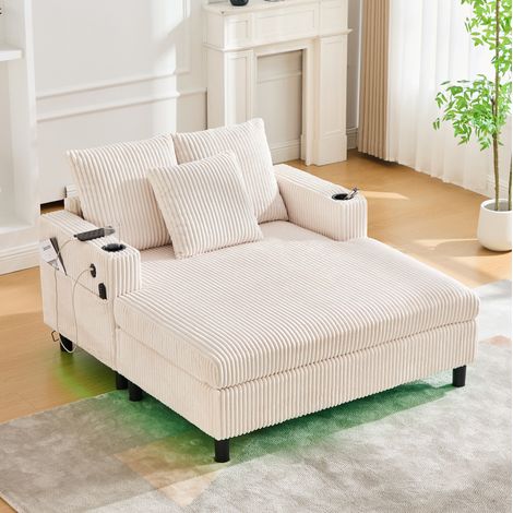 Poltrona relax 142x128x85 cm beige con portabicchieri, USB e LED, tessuto a coste MEUBLIV (1/5)