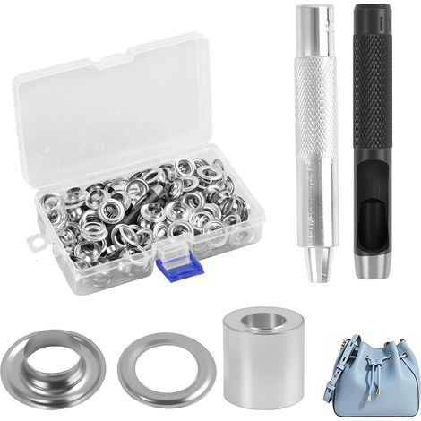 100 Pcs Œillets En Métal Argenté Kit De Perforatrice, Ensemble D’outils à Œillets 10 Mm, Oeillets Pour Baches, Oeillets Pour Toile, Tissu, Tente, Réparation Diy, Avec Rondelles Et Boîte (1/5)