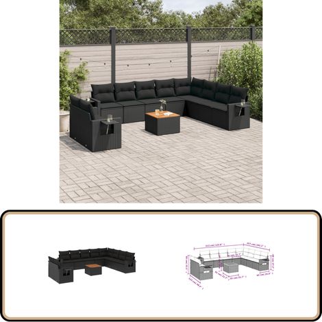 Salon de jardin 11 pcs avec coussins noir résine tressée - Ensemble Salon De Jardin - Meuble Extérieur - Jardin Design - Mobilier De Jardin - Chaise Lounge
