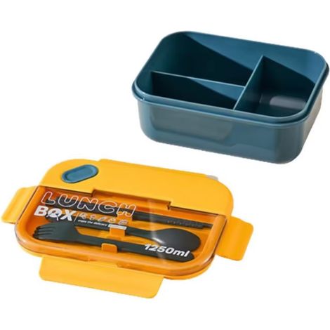 Tragbare Lunchbox aus Kunststoff, 2/3 Fächer, Bento-Box mit Geschirr für die Schule, Klappdeckel, mikrowellengeeignet, 1250 ml Fassungsvermögen, luftdicht verschlossene Bento-Box für Picknicks und Mah (1/4)