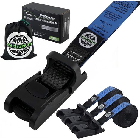 Lot de 4 sangles d'arrimage courtes avec coussinet - Longueur : 2,5 m - Largeur : 25 mm - Charge maximale : 500 kg - Pour porte-vélos, barres de toit, vélo électrique, vélo, kayak - Noir (1/5)