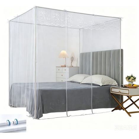 Struttura letto a baldacchino 150 x 200 cm + Zanzariera, supporto e tende — Ideale per la camera da letto (Bianco)