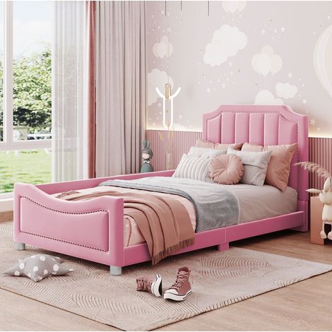 Letto per bambini imbottito ad arco 90x200 cm, in legno/MDF e flanella rosa, con testiera, pediera e rete a doghe (1/5)