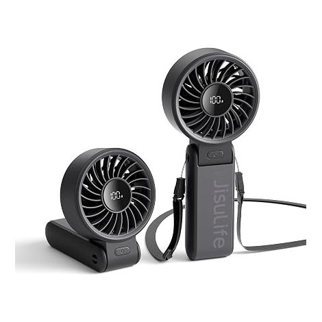 Ventilatore portatile JISULIFE da 5000 mAh con display a LED, pieghevole a 150°, 5 velocità, 3 in 1: portatile, da tavolo e da collo, autonomia della batteria di 19,5 ore - Nero (1/5)