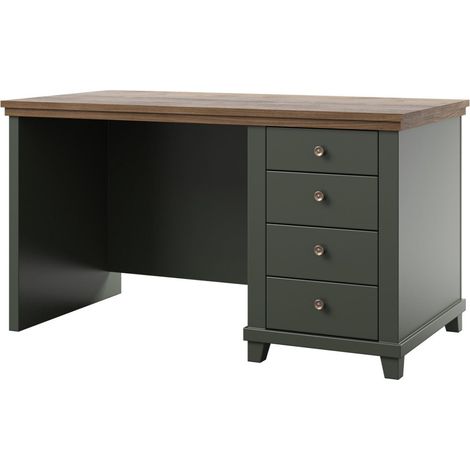 Mesa ASSIA 140 cm verde oscuro y madera - 4 cajones con tiradores de botón - Elegancia chic (1/5)